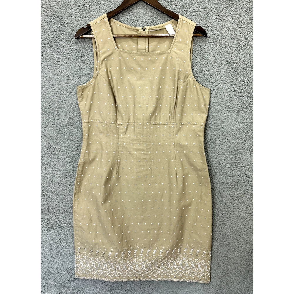 Liz Claiborne Lizwear Dress Womens 12 Tan Polka Dot Embroidered Eyelet Shift 90s